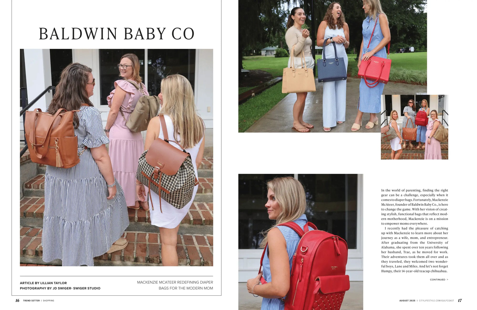 Baldwin Baby Co founder Mackenzie McAteer and a group of women showcasing stylish diaper bags on the steps of a brick porch. Multiple bag styles are featured, including the Lillian, Morgan, and Montrose collections. A caption highlights Mackenzie redefining diaper bags for the modern mom, with text introducing her mission and family story.