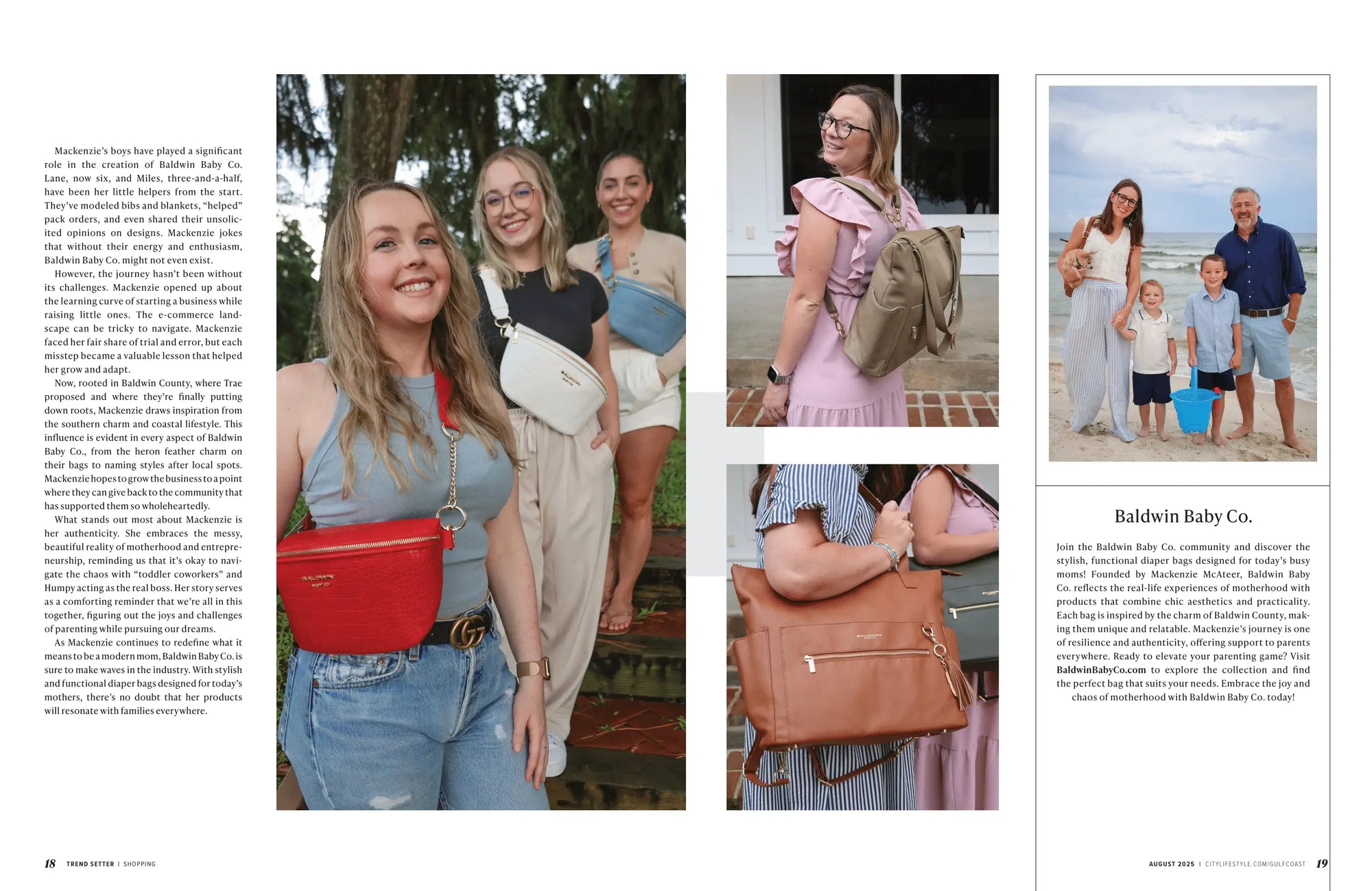 Baldwin Baby Co team and community members smiling while modeling belt bags and backpacks in an outdoor setting. Additional lifestyle shots feature close-ups of diaper bag details and a family photo of Mackenzie with her husband, children, and dog on the beach. The article text describes the family business journey, community support, and inspiration behind the brand.