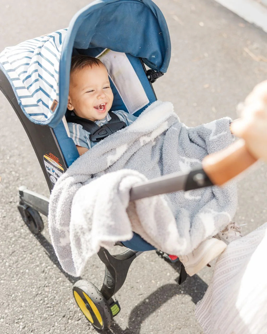 toddler boy in a stroller with a grey blanket with white heron details
