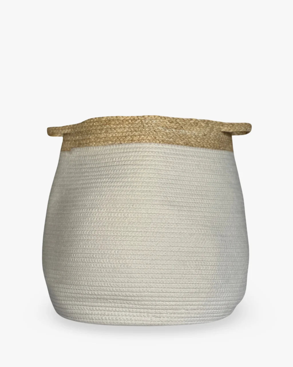 white bell shaped rope basket with corn husk details and handles