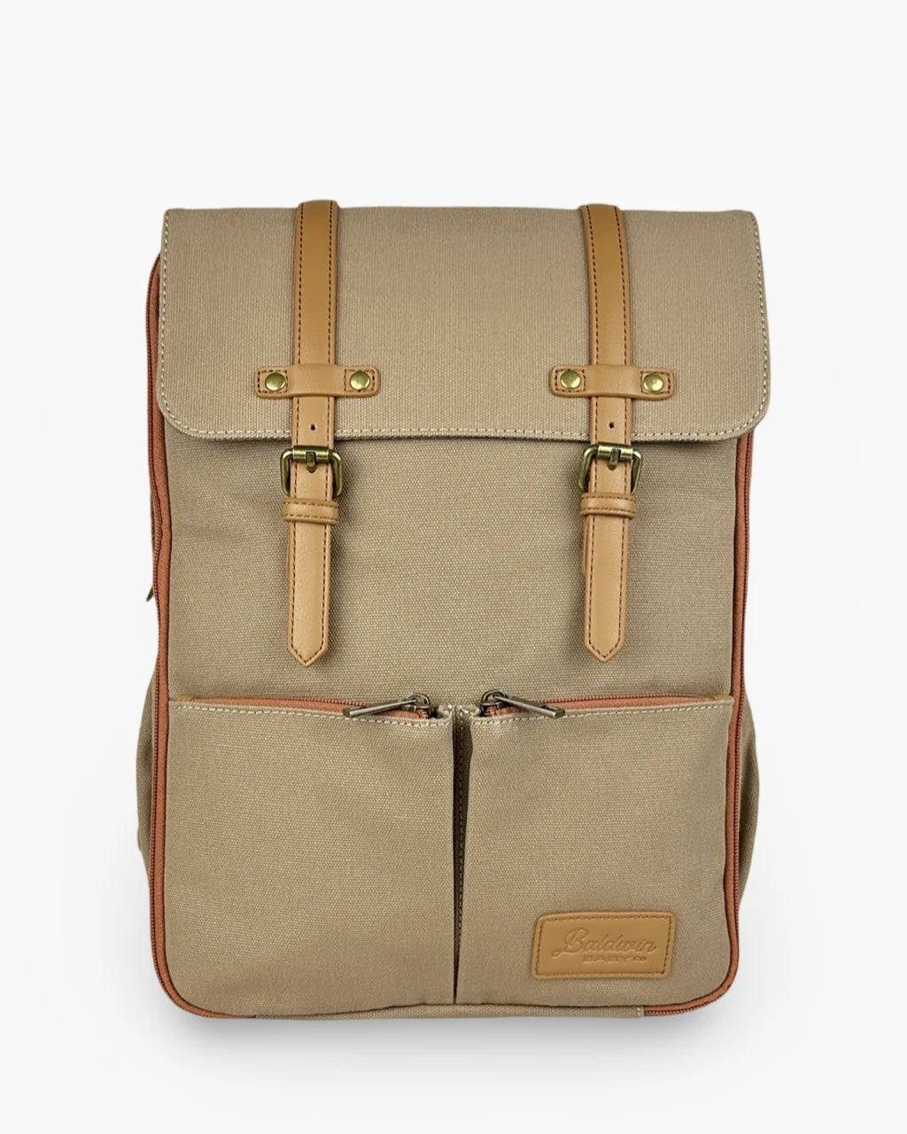 Front view of beige canvas diaper backpack with dual pockets, leather accents, and logo patch