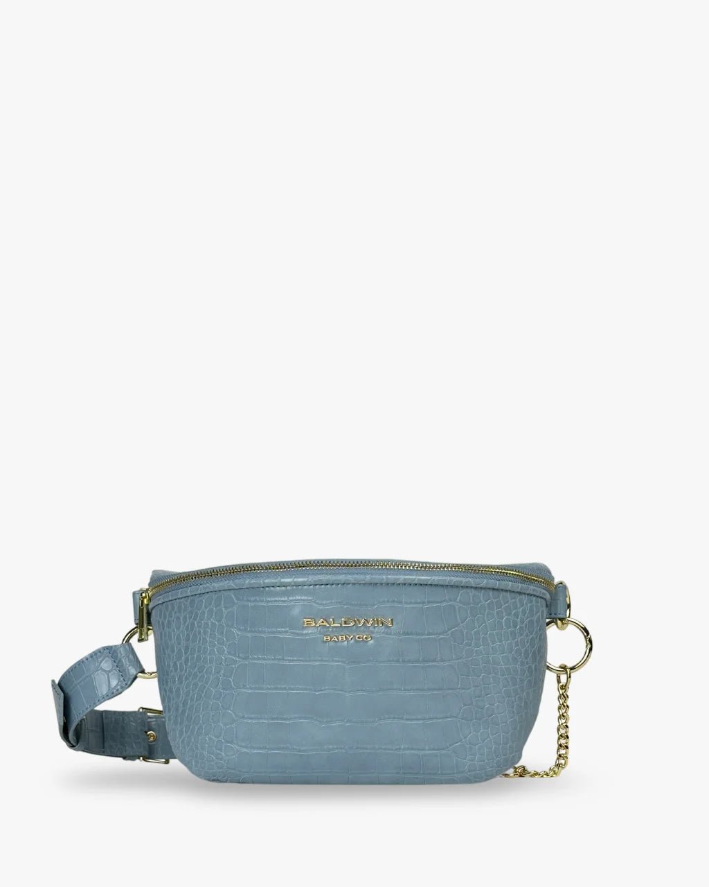 Blue faux croc belt bag with gold hardware, zip top, logo embossing, and chain strap