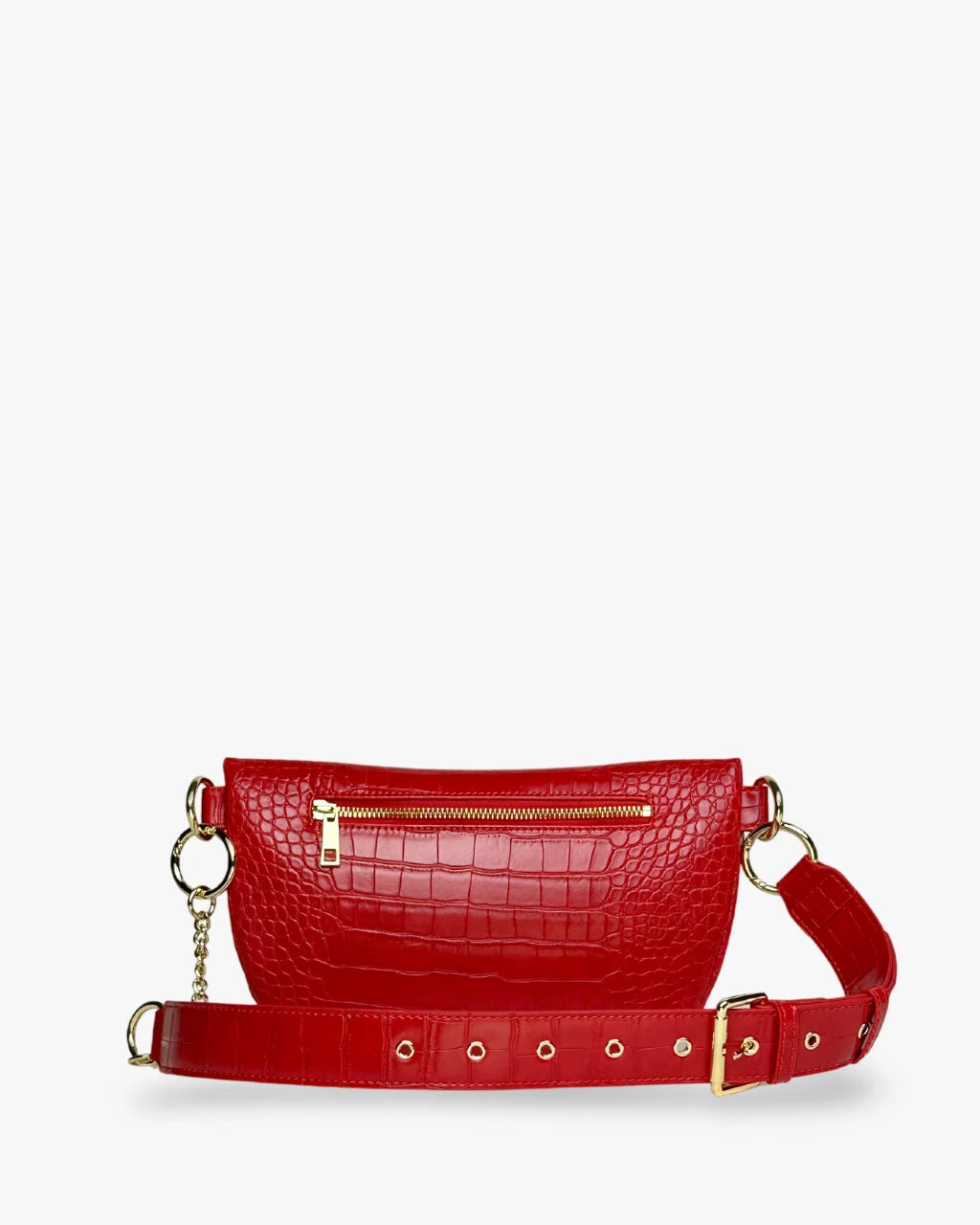 Back of red faux croc belt bag with gold zip pocket, chain detail, and adjustable strap