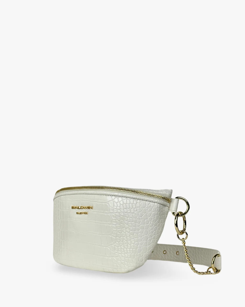 Angled view of white faux croc belt bag with zip top, gold hardware, and logo embossing
