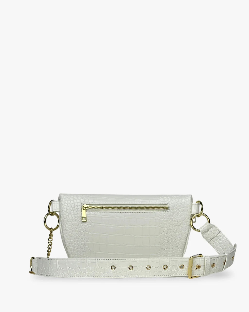 Back of white faux croc belt bag with gold zip pocket, chain detail, and adjustable strap