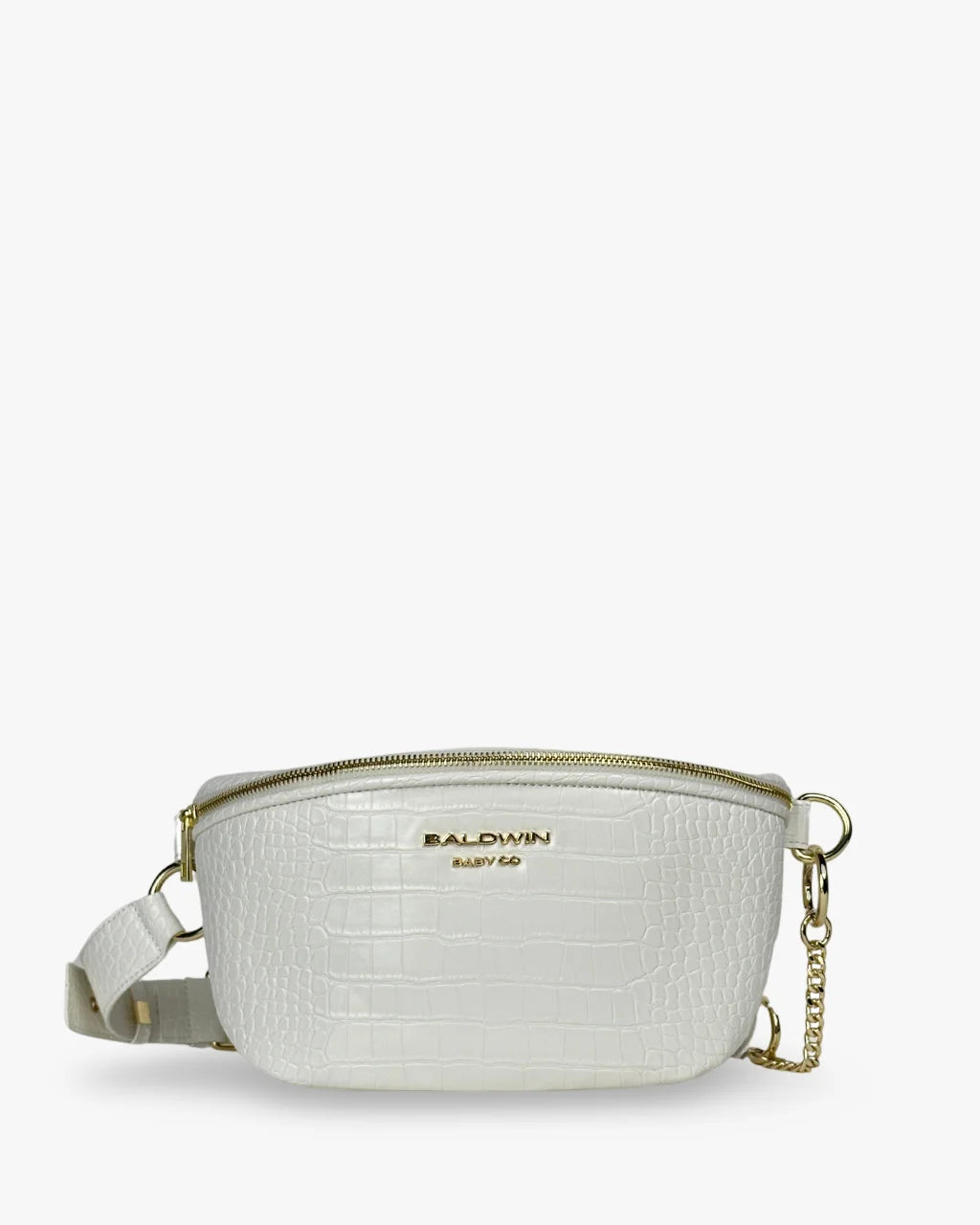 White faux croc belt bag with gold hardware, zip top, logo embossing, and chain strap