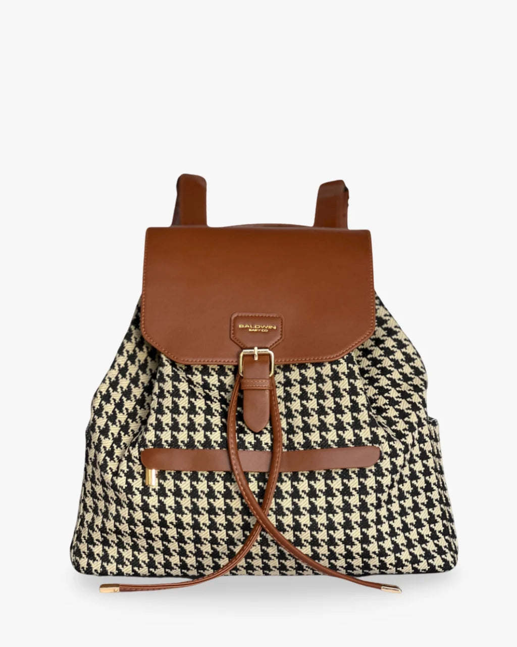 Front of houndstooth diaper backpack with brown flap, drawstring closure, and gold details