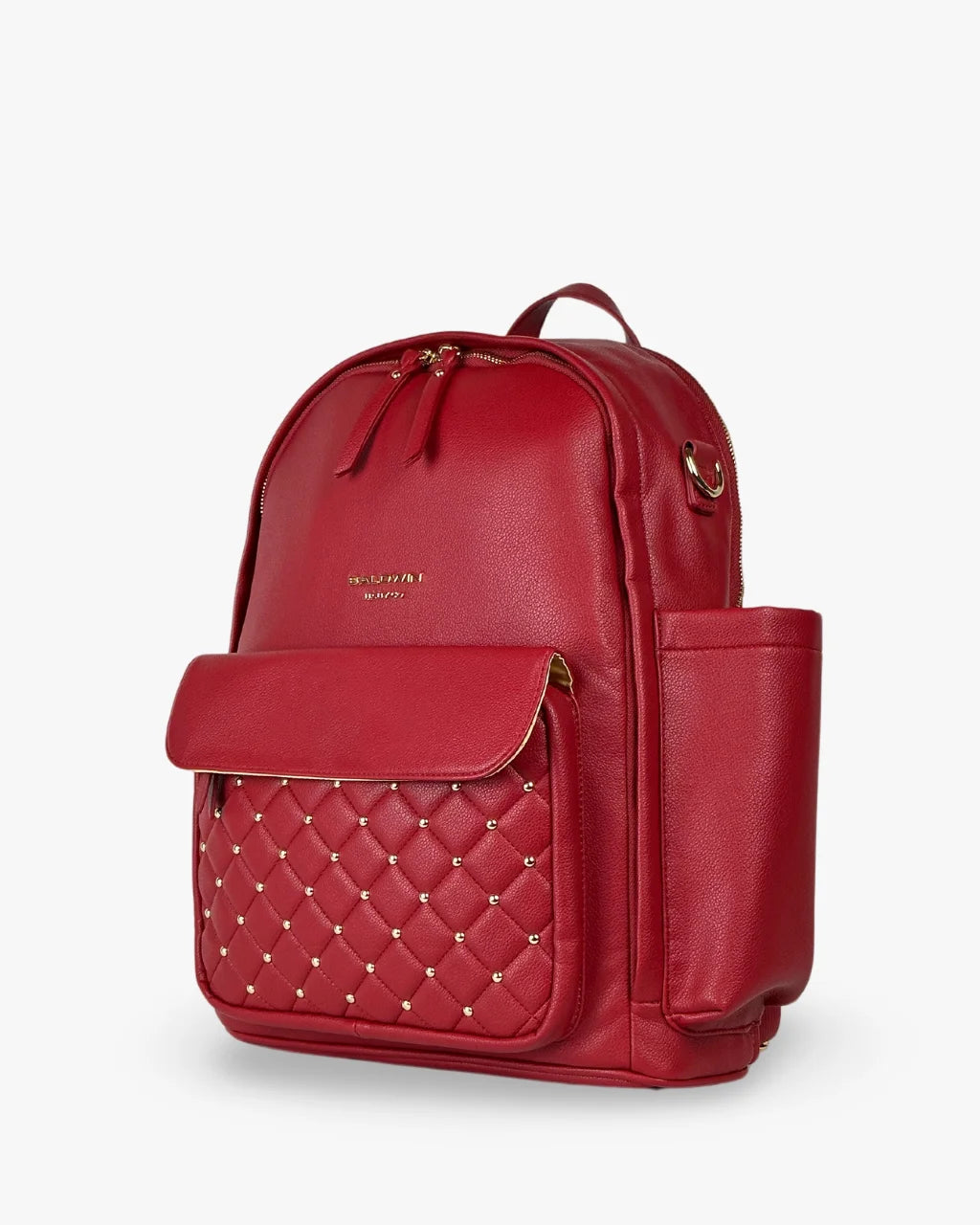 Side view of red diaper backpack with bottle holder, quilted pocket, and structured shape
