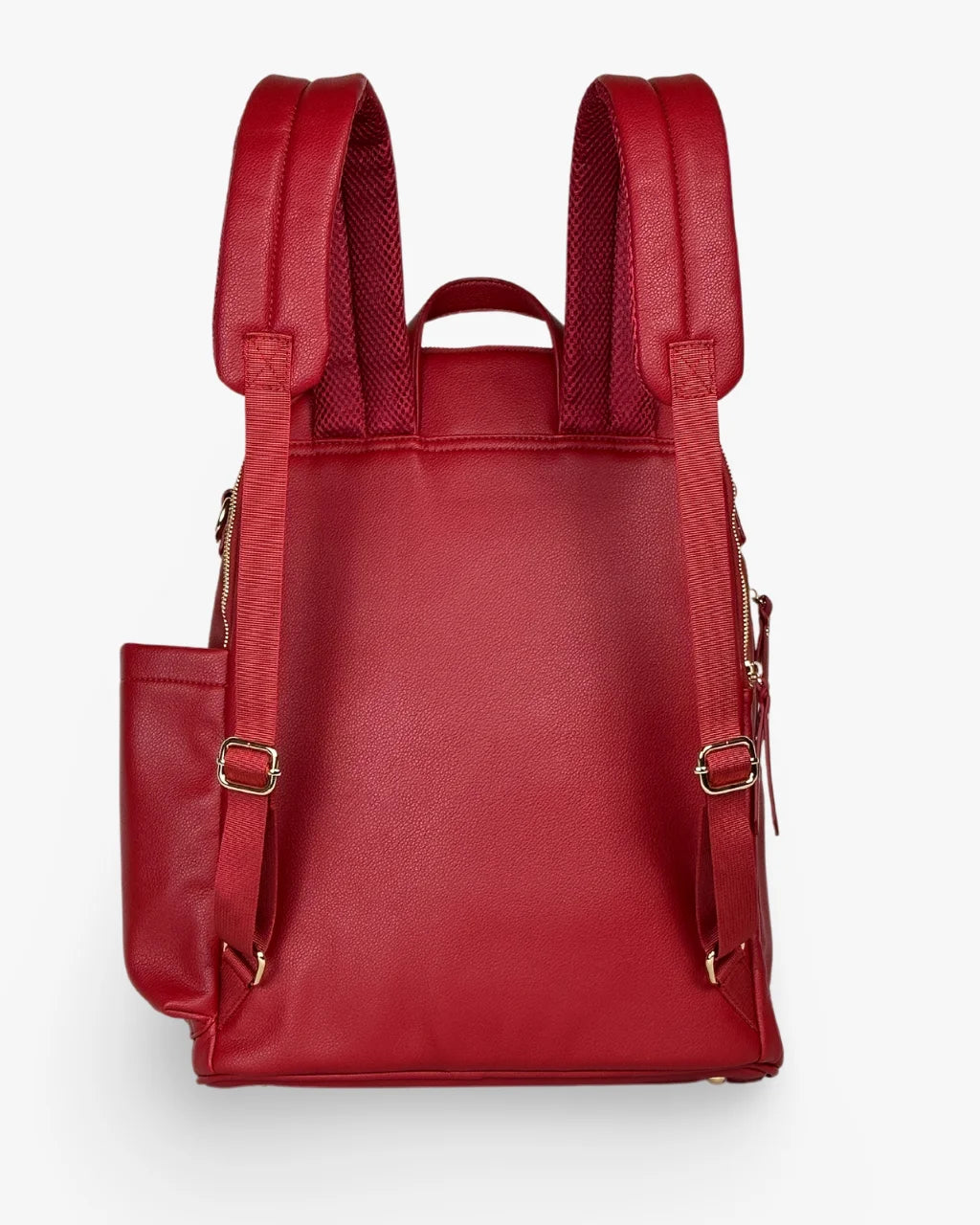 Back view of red diaper backpack with padded straps, mesh panel, and grab handle