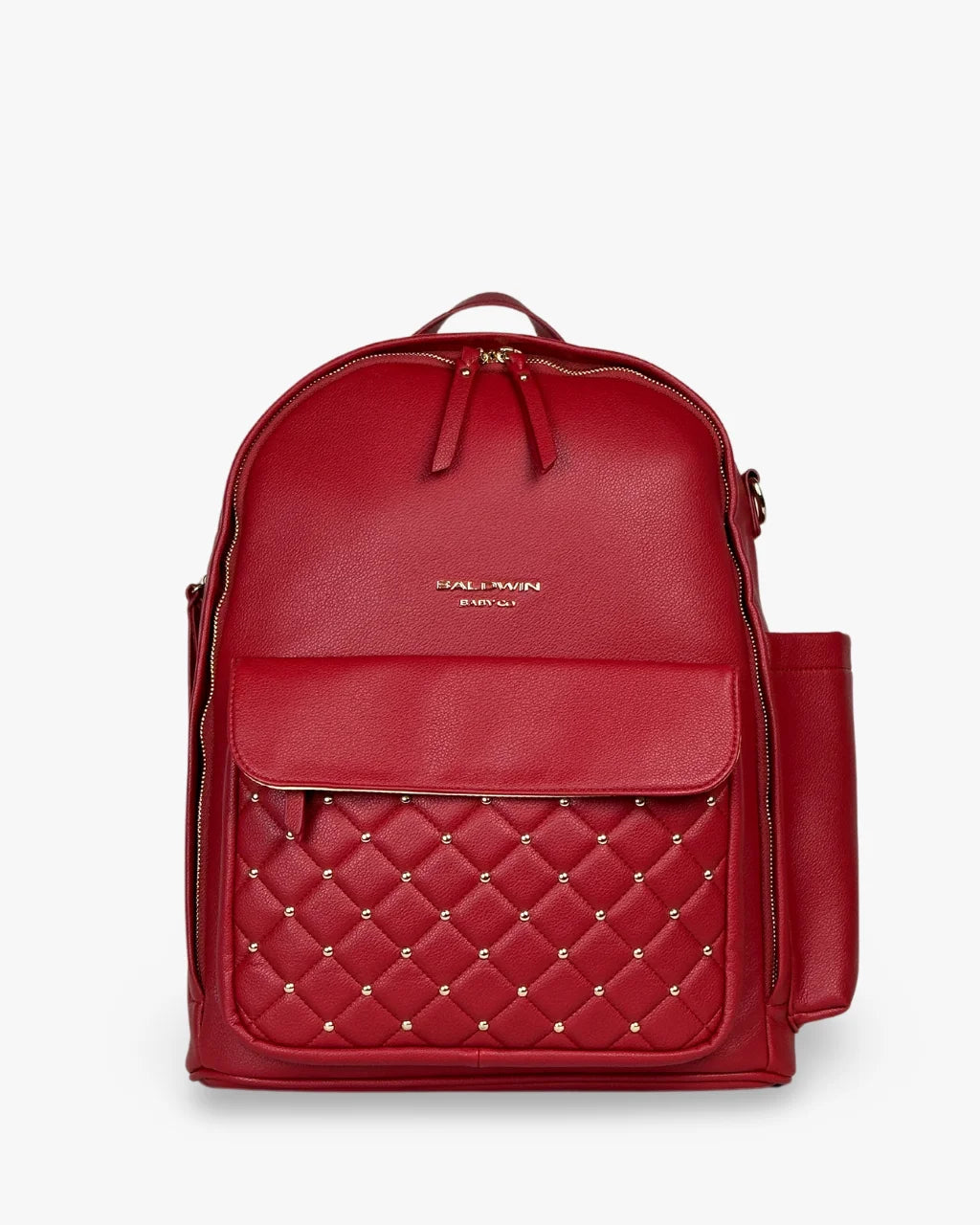 Front view of red diaper bag with quilted pocket, gold studs, and sleek design