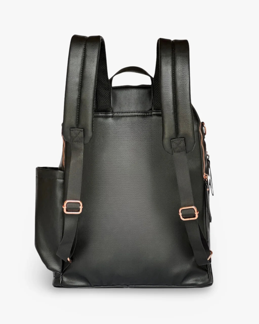 Rear view of the black vegan leather diaper backpack with padded adjustable straps, a breathable mesh back panel, and a convenient grab handle.