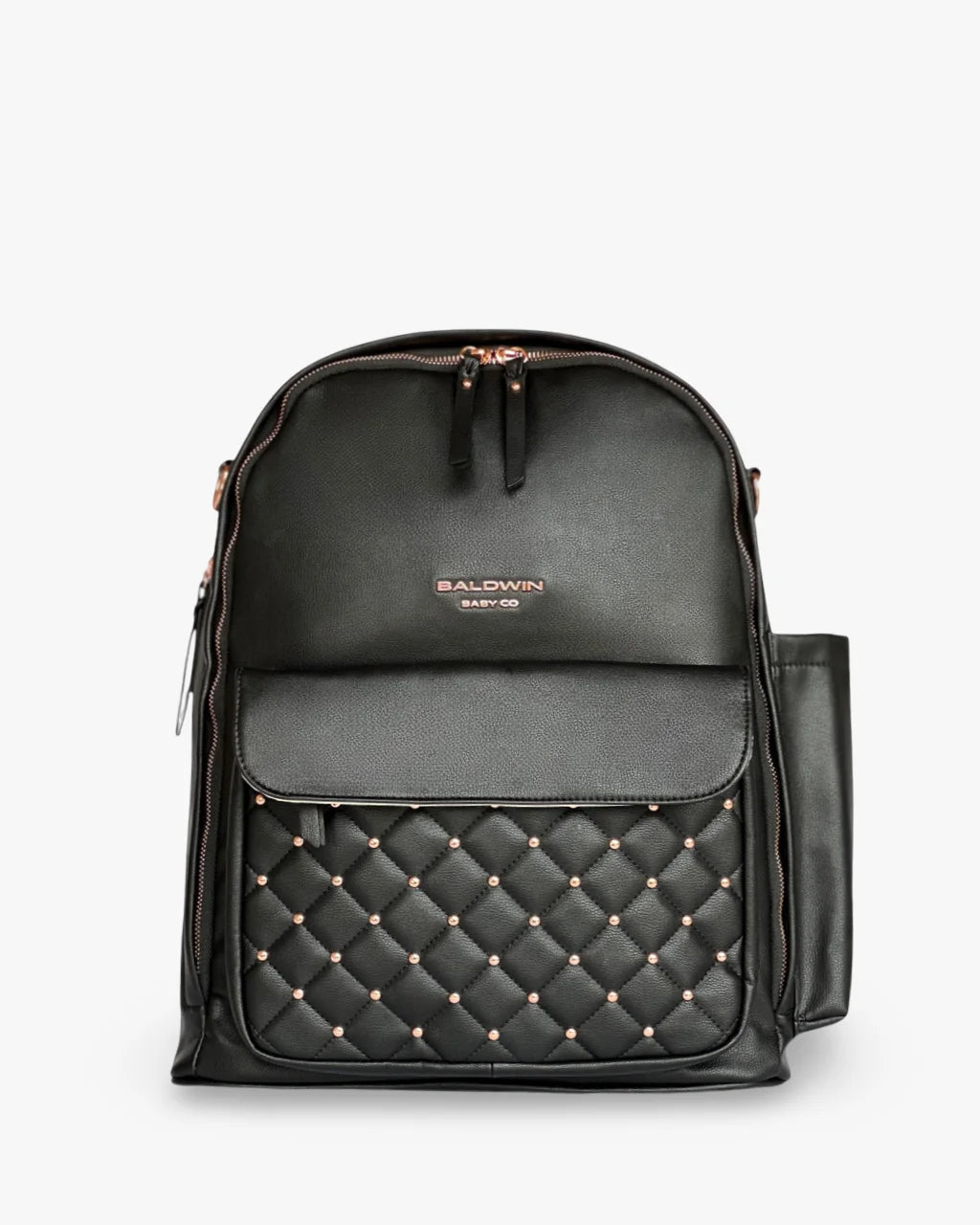 Front view of black diaper bag with quilted pocket, gold studs, and sleek design