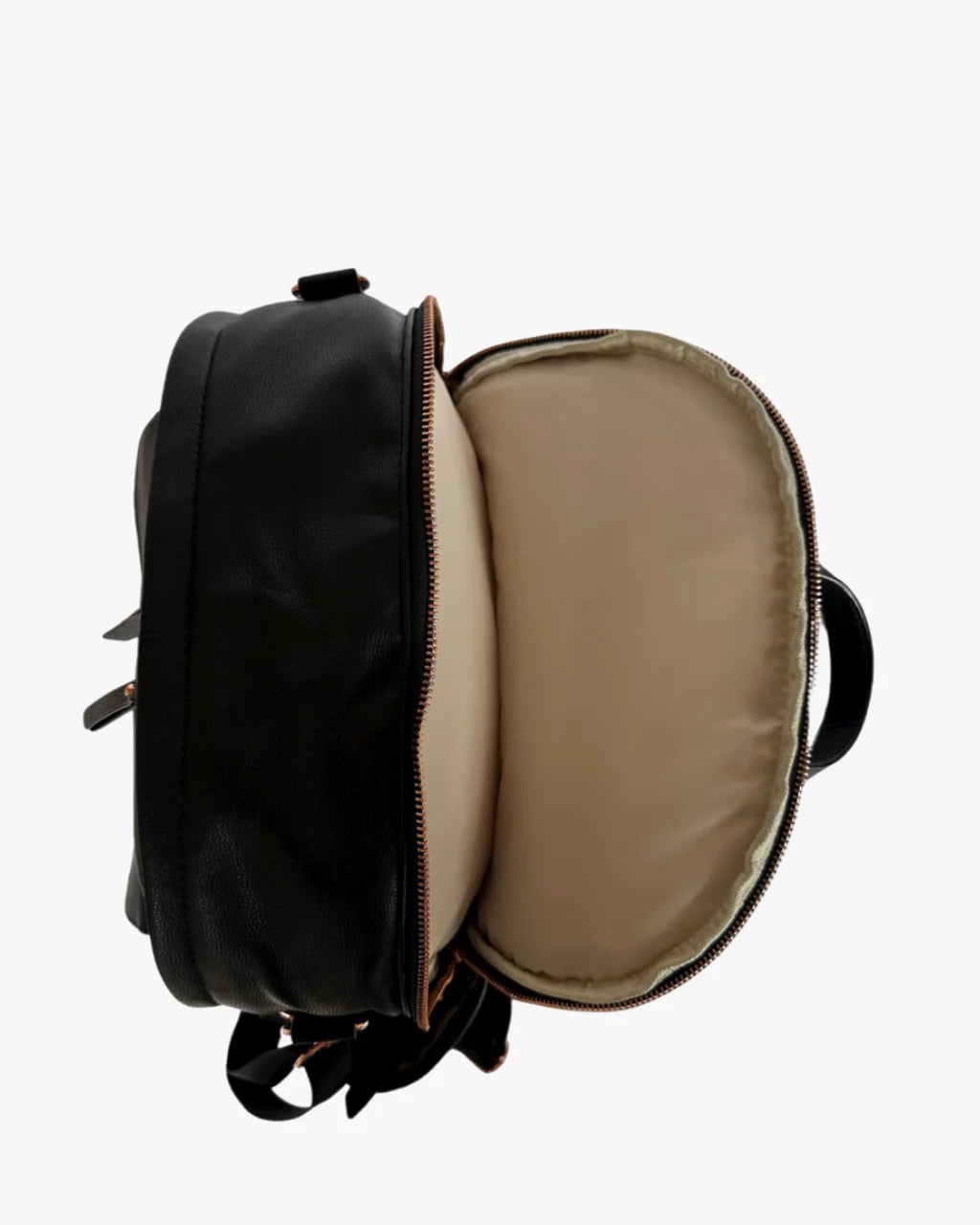 Top-down view of the black diaper backpack featuring a padded laptop compartment with vibrant cream lining