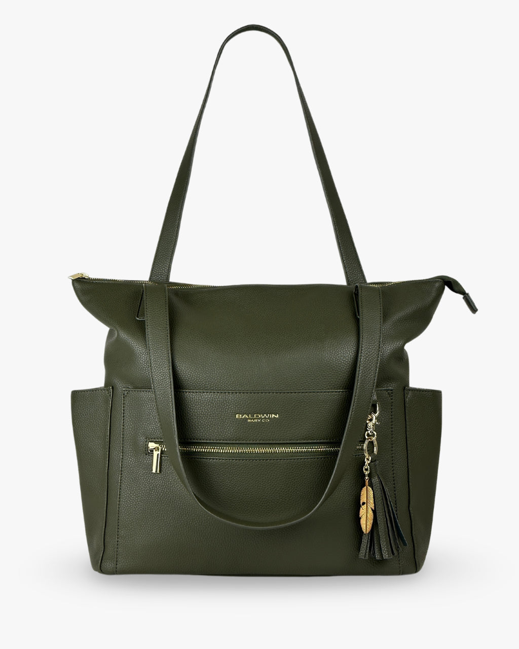 Green vegan leather diaper bag with leather and gold feather tassel