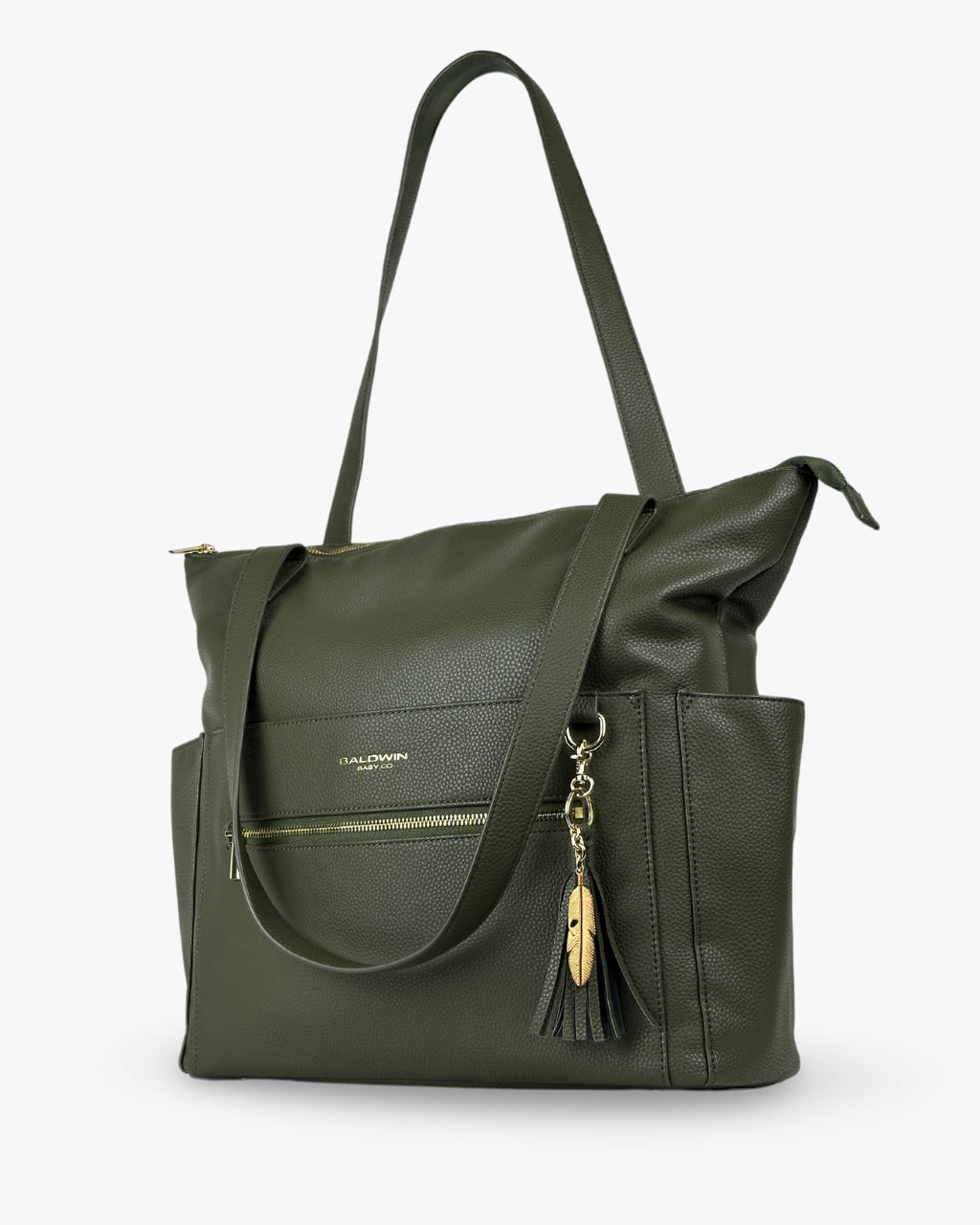 Angled view of vegan green leather diaper bag with gold feather and leather tassel
