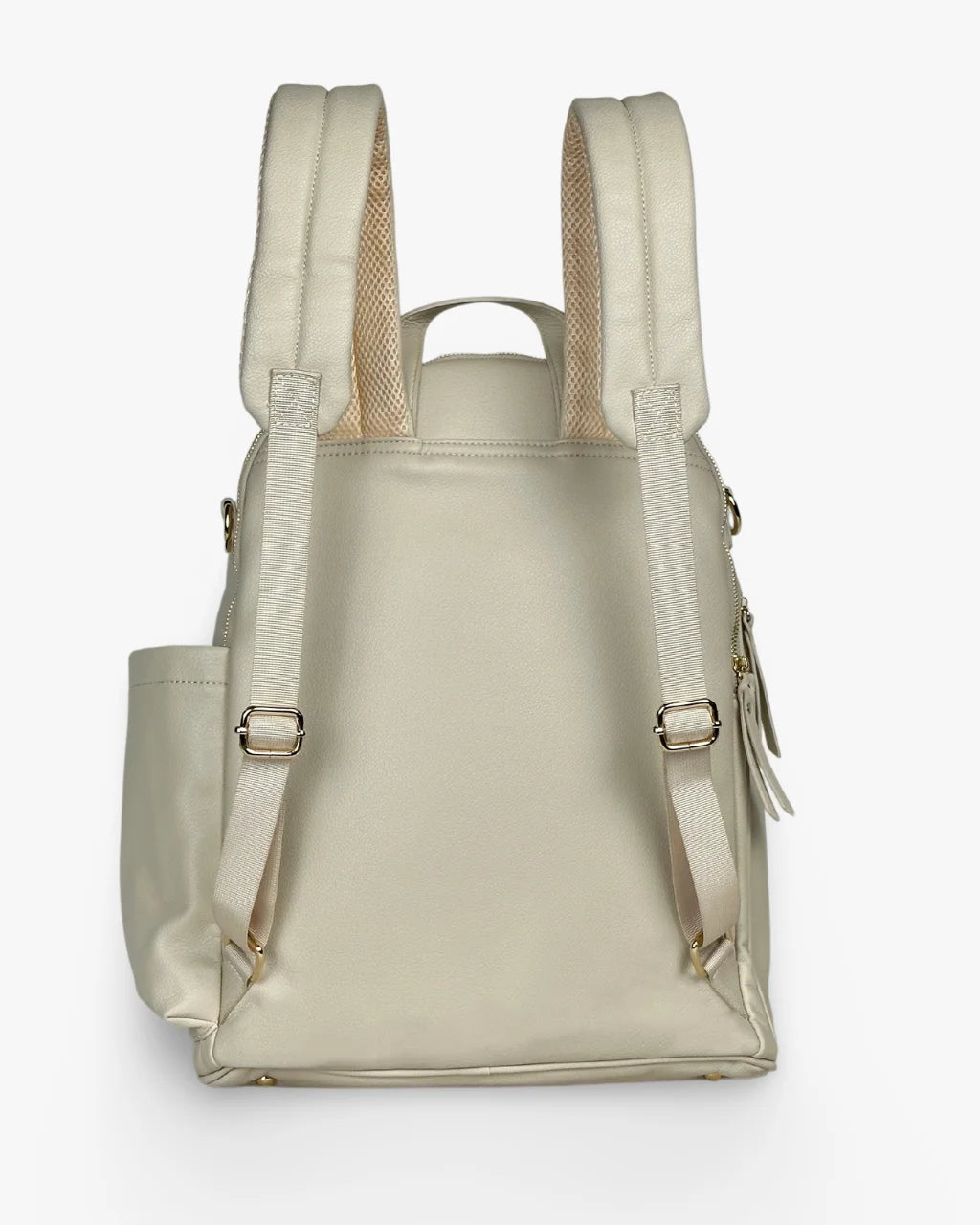 Rear view of the gray-beige vegan leather diaper backpack with padded adjustable straps, a breathable mesh back panel, and a convenient grab handle.