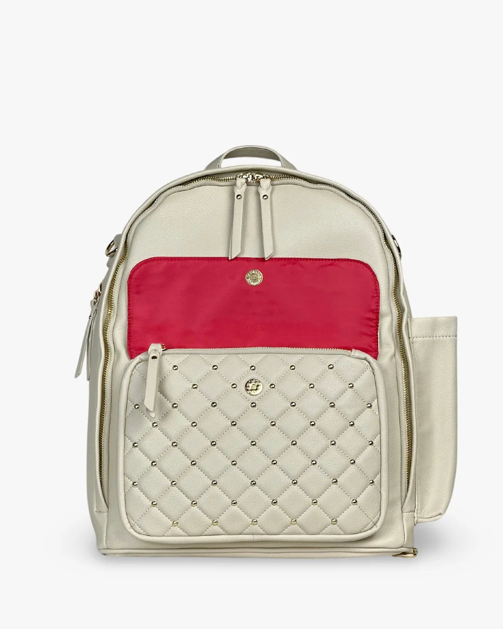 Close-up of the front flap on the gray-beige diaper bag, showcasing its red interior and a quilted design with gold stud accents and a concealed zippered pocket.