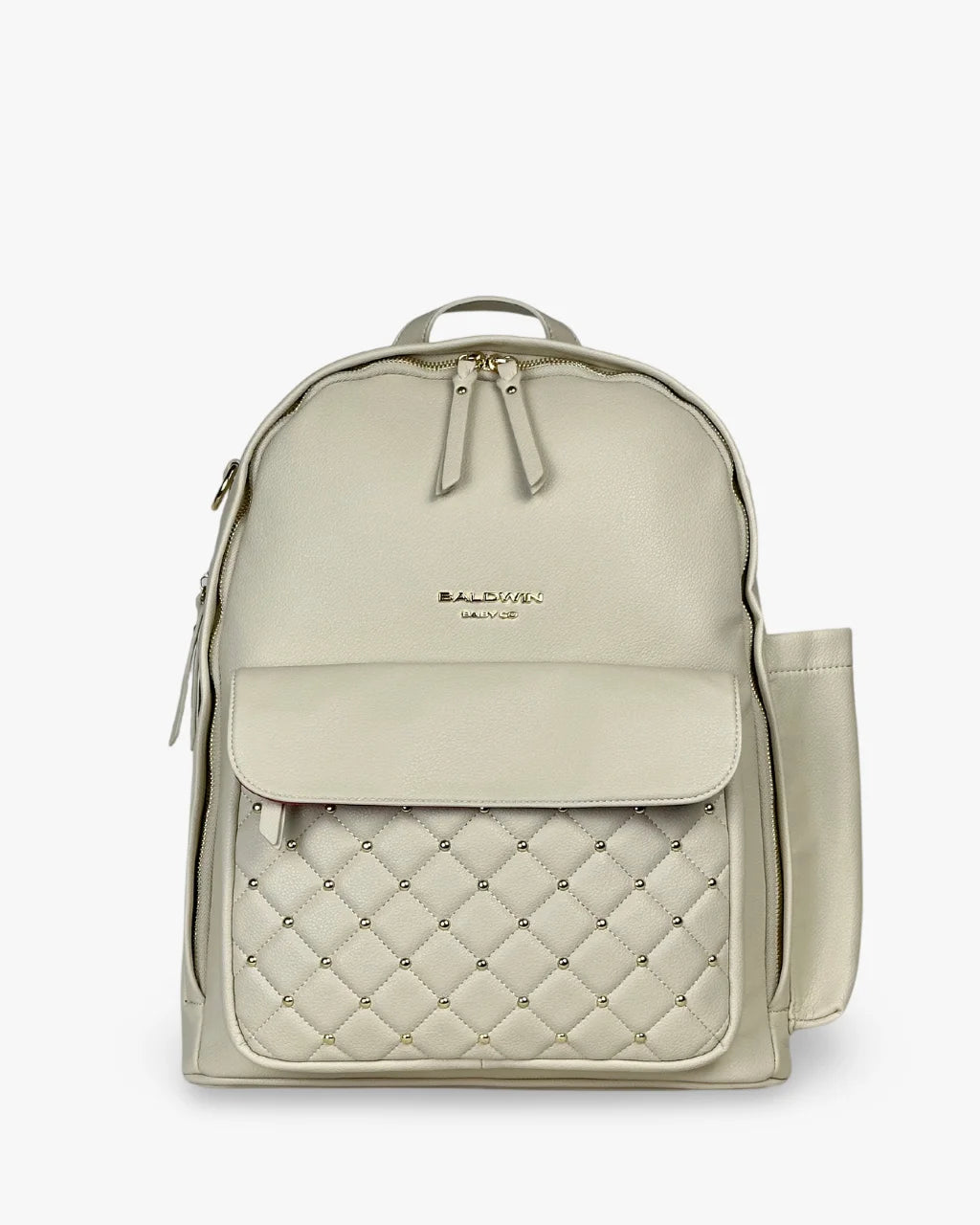 Front view of gray-beige diaper bag with quilted pocket, gold studs, and sleek design