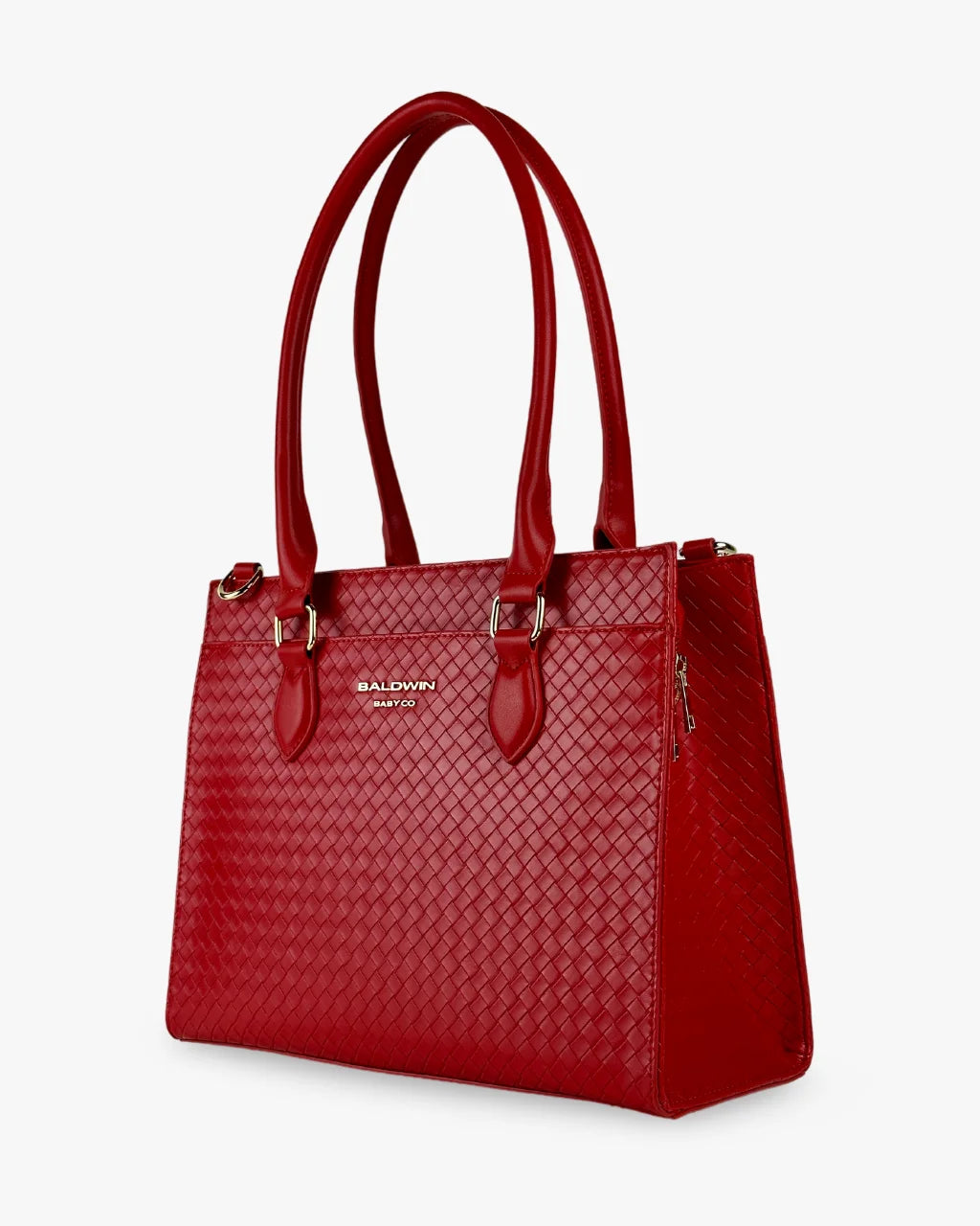 A detailed angled shot emphasizing the luxurious quilted texture, sturdy structure, and elegant gold accents of the Cardinal red Montrose diaper bag tote.