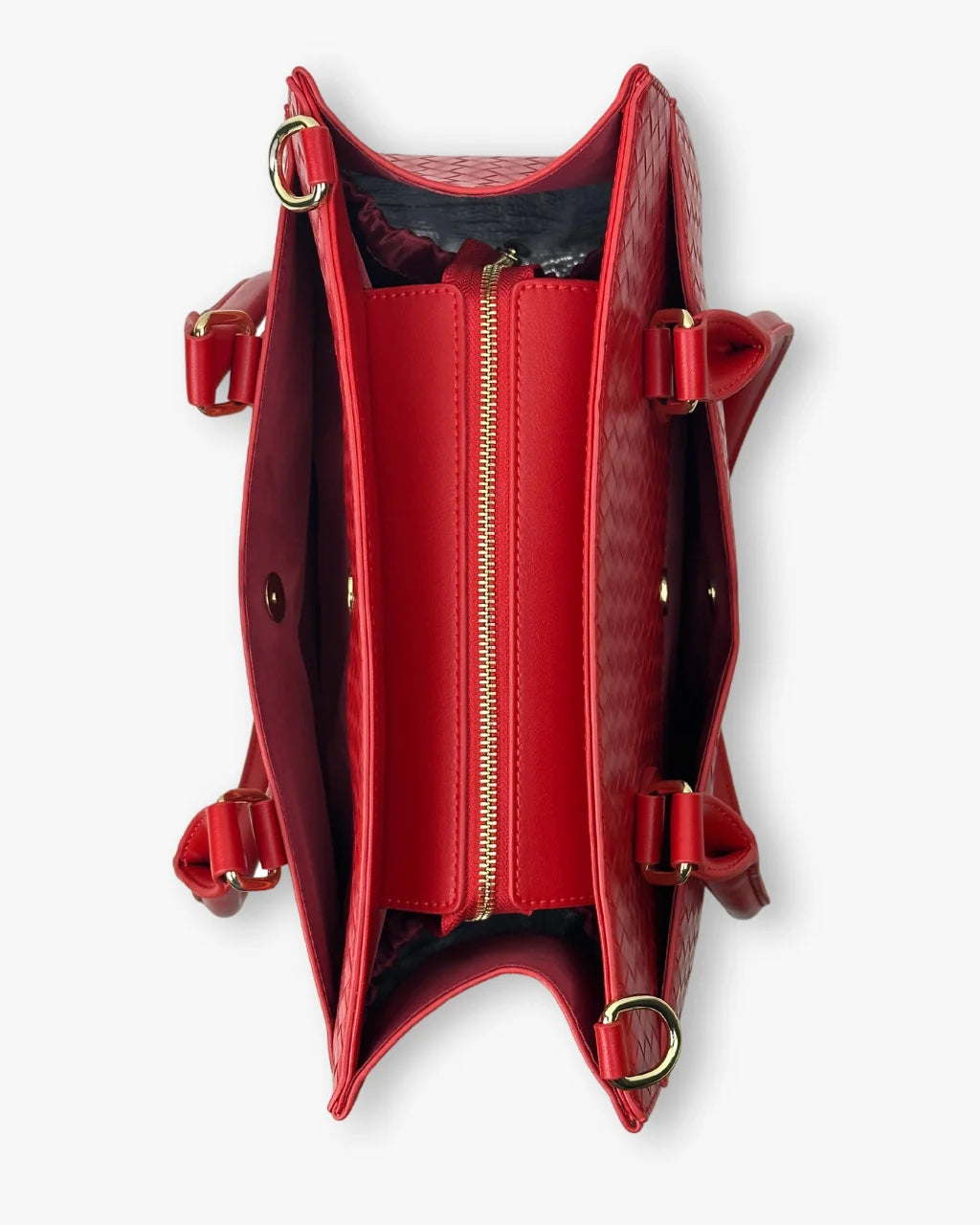 Displaying the spacious and well-organized interior compartments of the red diaper bag tote, ideal for parents on the go.
