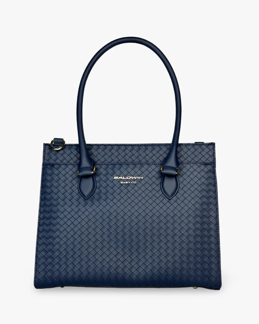 Cobalt Blue Montrose diaper tote with woven exterior and Baldwin Baby Co logo