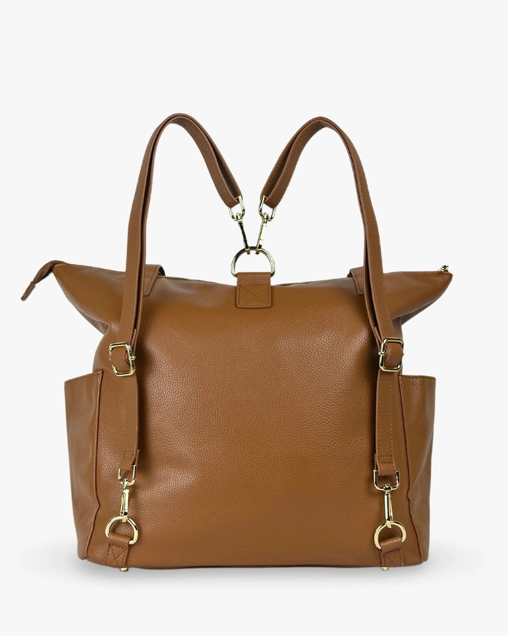 Back view of vegan brown leather diaper bag with leather backpack straps and gold hardware