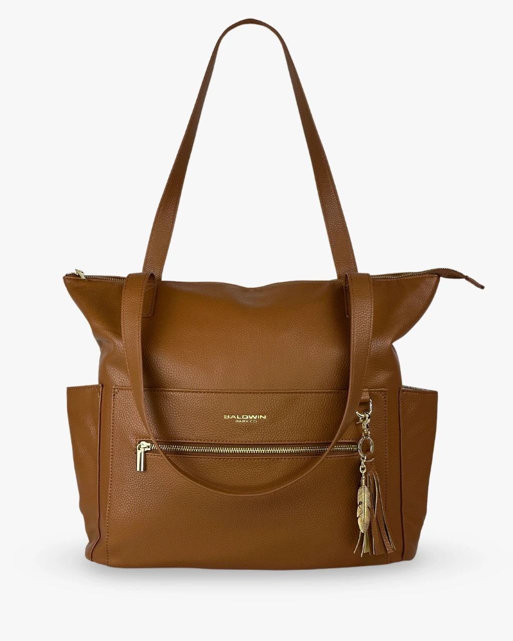 Cognac brown vegan leather diaper bag with leather and gold feather tassel