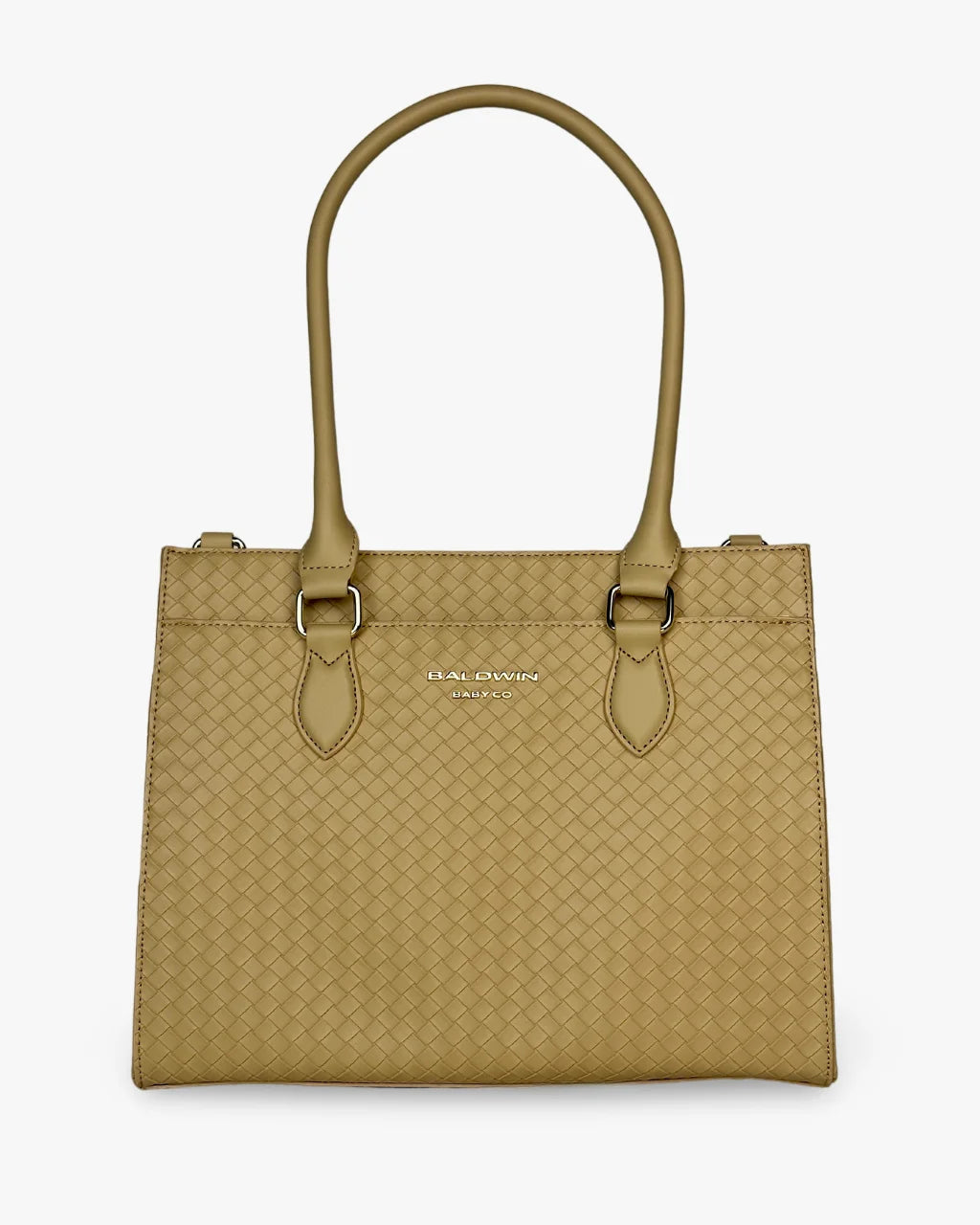 Front view of Dune Tan Montrose diaper tote with woven texture and gold hardware accents