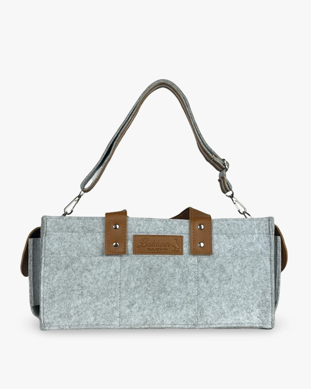 heather gary diaper caddy made of felt with leather accents and straps