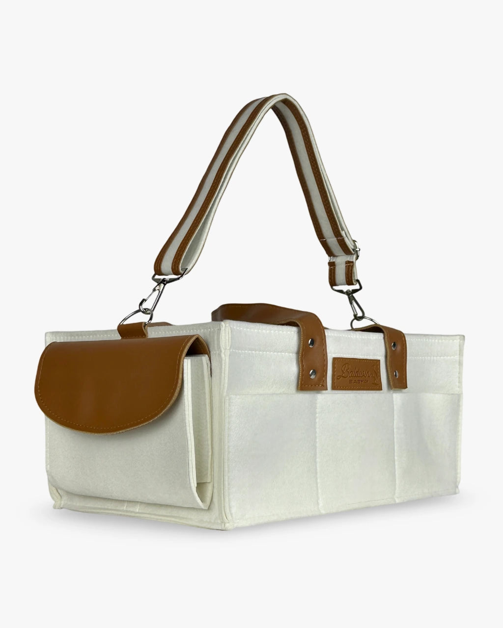 creamy white diaper caddy made of felt with leather accents and straps