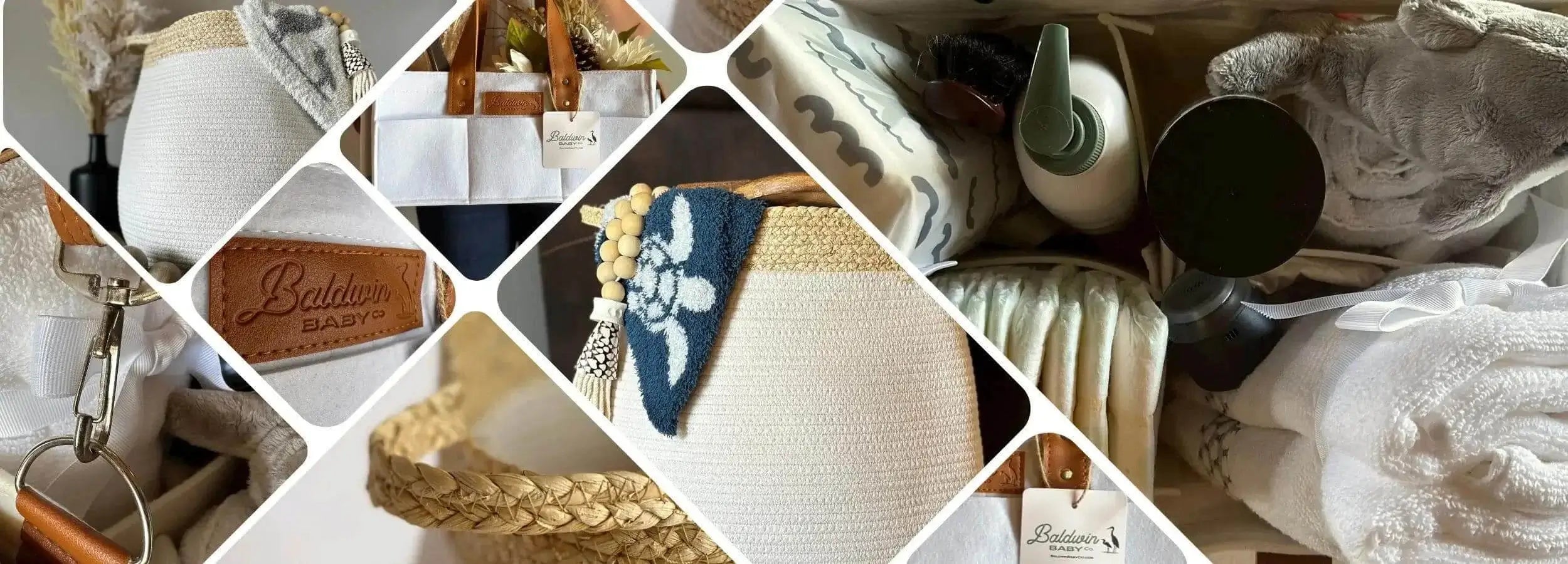 Collection of felt diaper caddies and beachcomber rope baskets