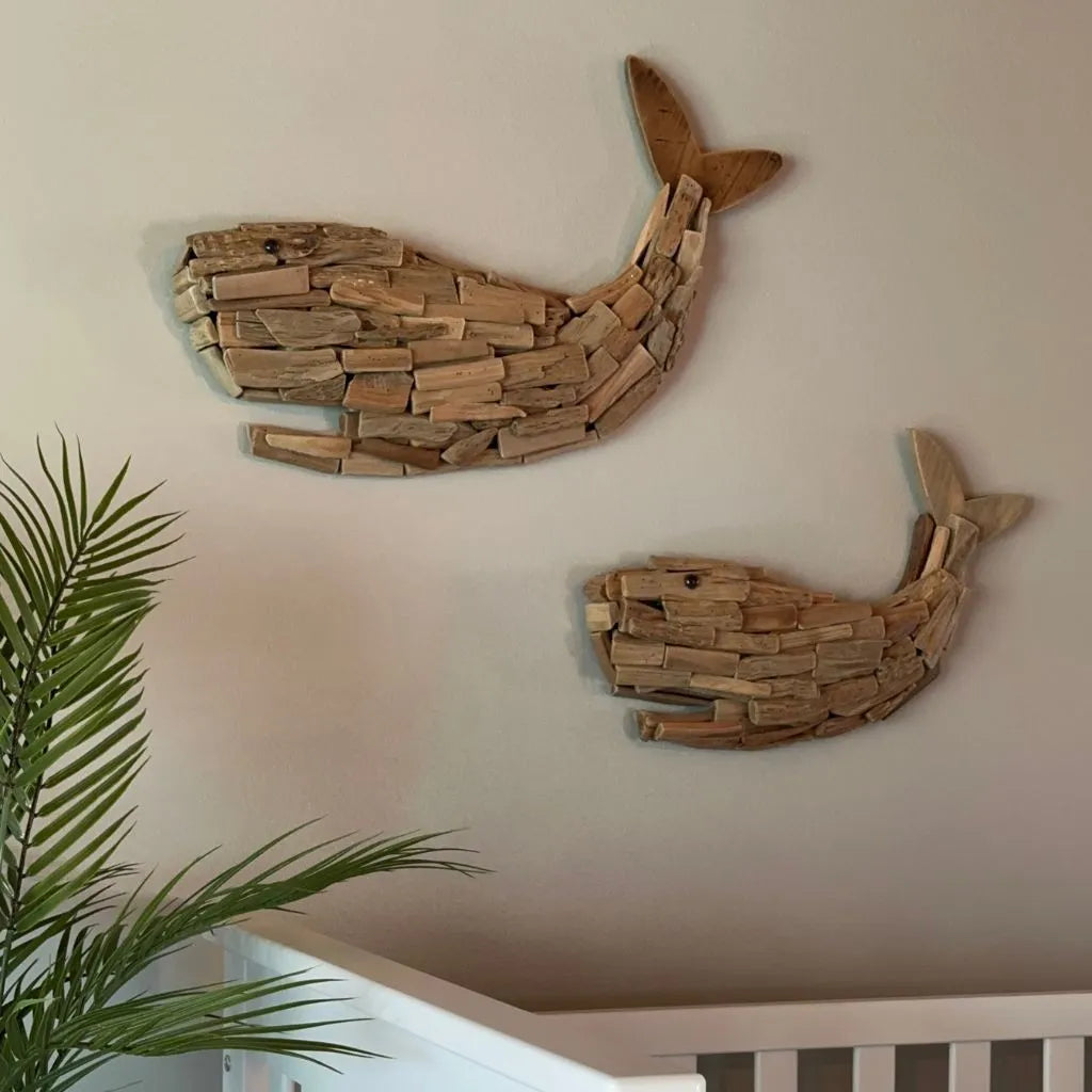 Set of two wooden whale wall decor