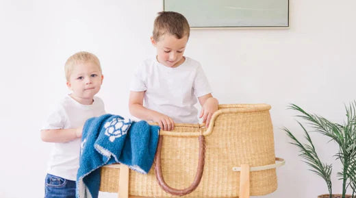 Two young children by woven bassinet with blue sea turtle blanket draped over the side