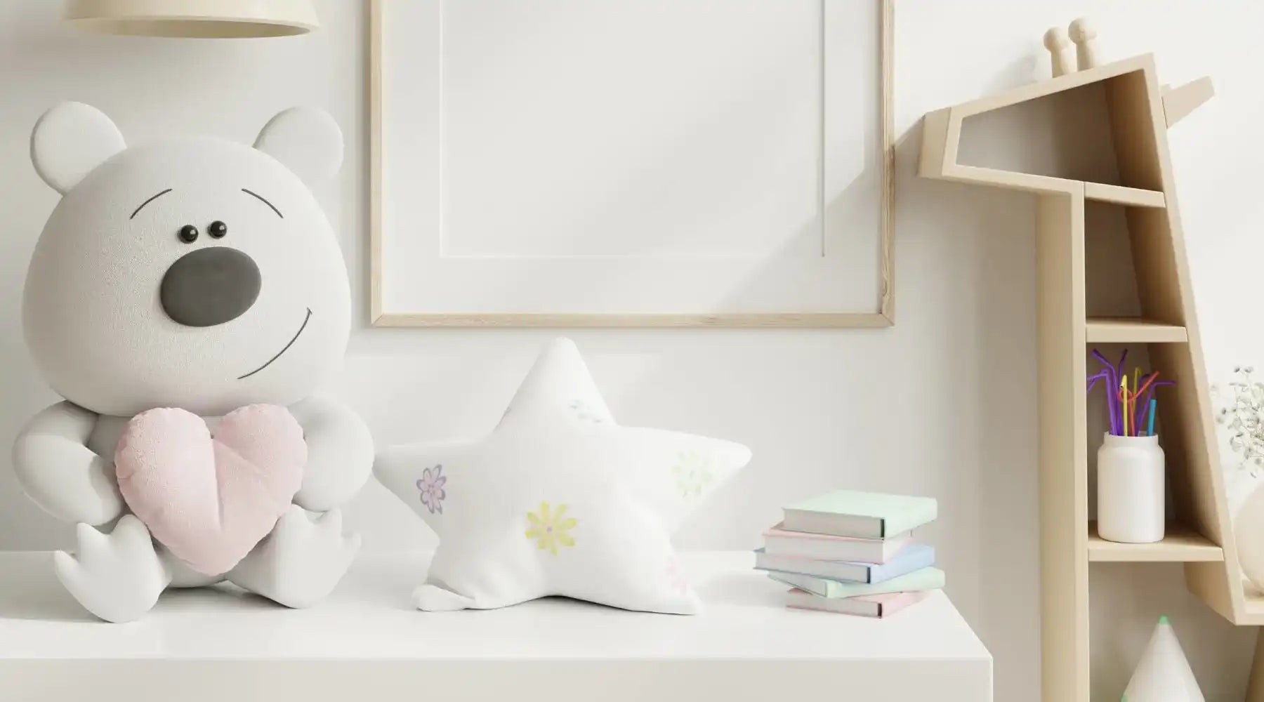 White nursery decor featuring a cute teddy bear holding a pink heart pillow, a star-shaped cushion, pastel books, and a giraffe-shaped shelf.