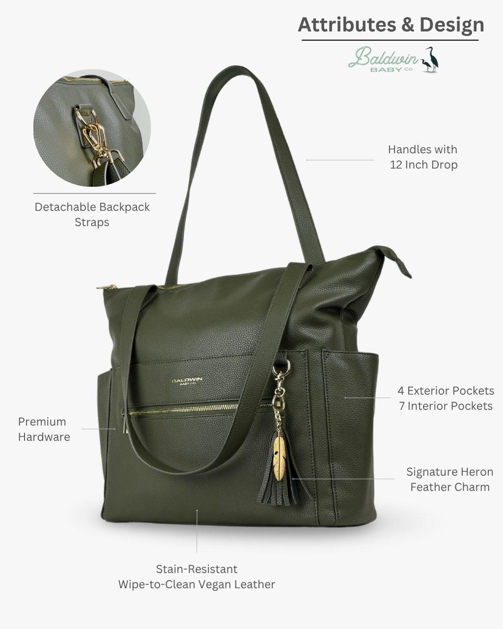 Palmetto Lillian Diaper Bag: Green Vegan Leather Baby Bag
