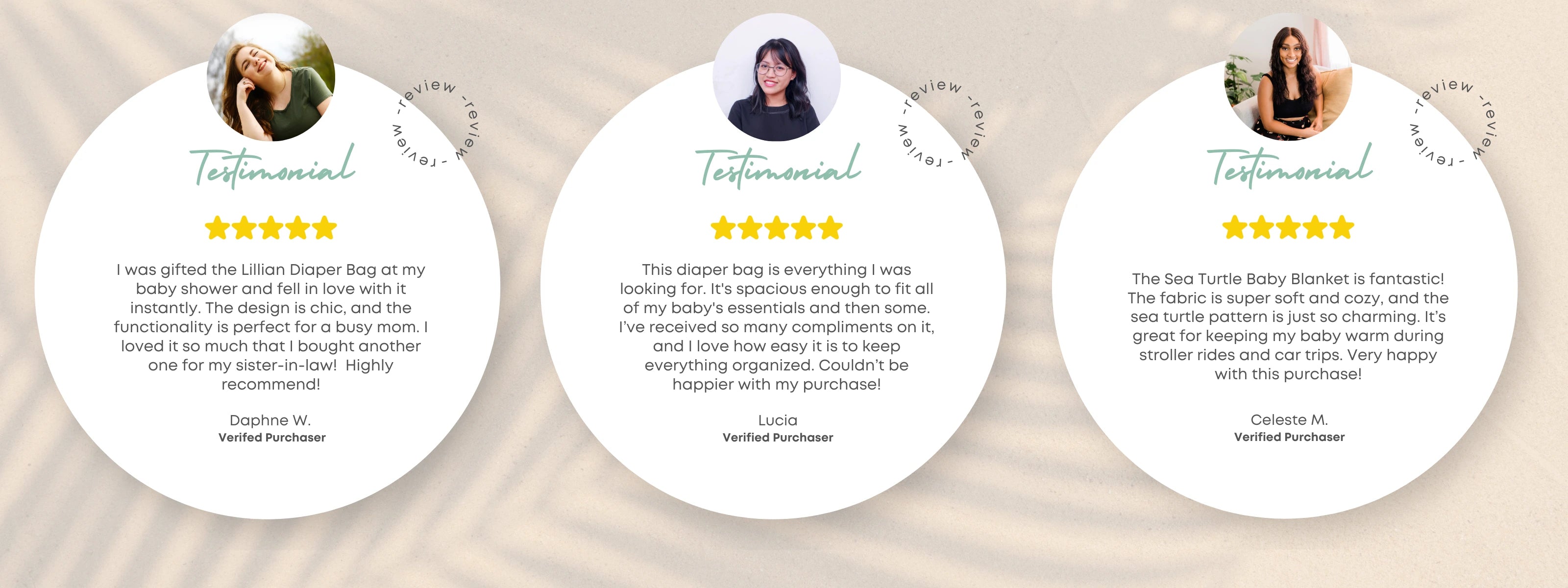 The image shows three customer testimonials for Baldwin Baby Co products