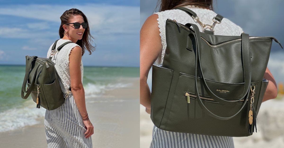 Baldwin Baby Co Lillian convertible diaper bag worn as a backpack, featuring premium vegan leather in coastal-inspired colors for chic motherhood style.