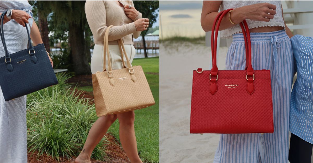 Baldwin Baby Co Montrose woven tote diaper bag in navy, tan, and red, designed with structured elegance for fashion-forward parents