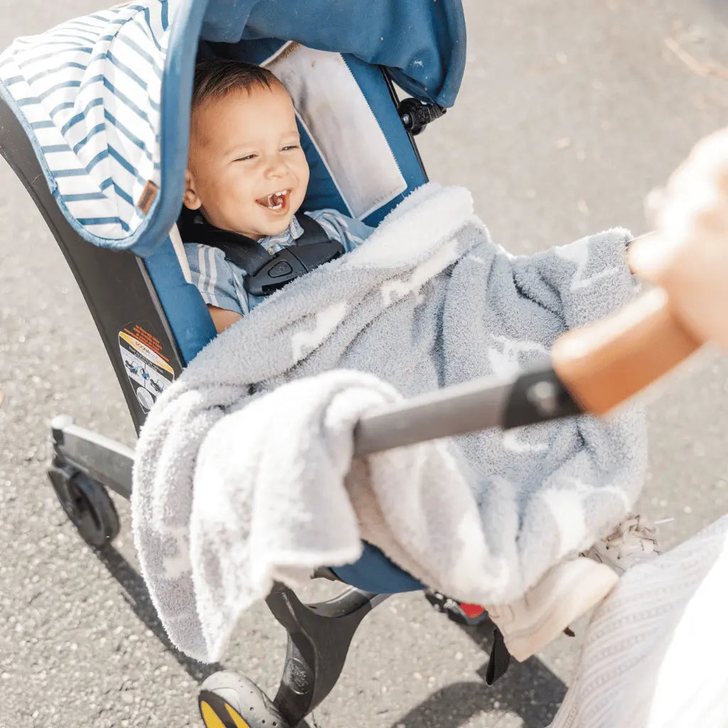 toddler boy in a stroller with a grey blanket with white heron details 