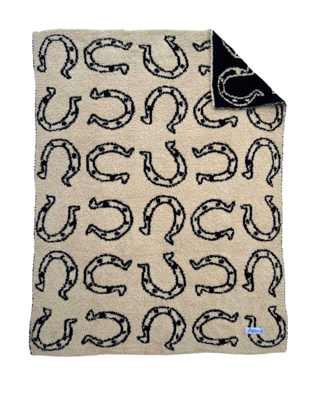 Neutral baby blanket with a stylish horseshoe pattern in black, perfect for cozying