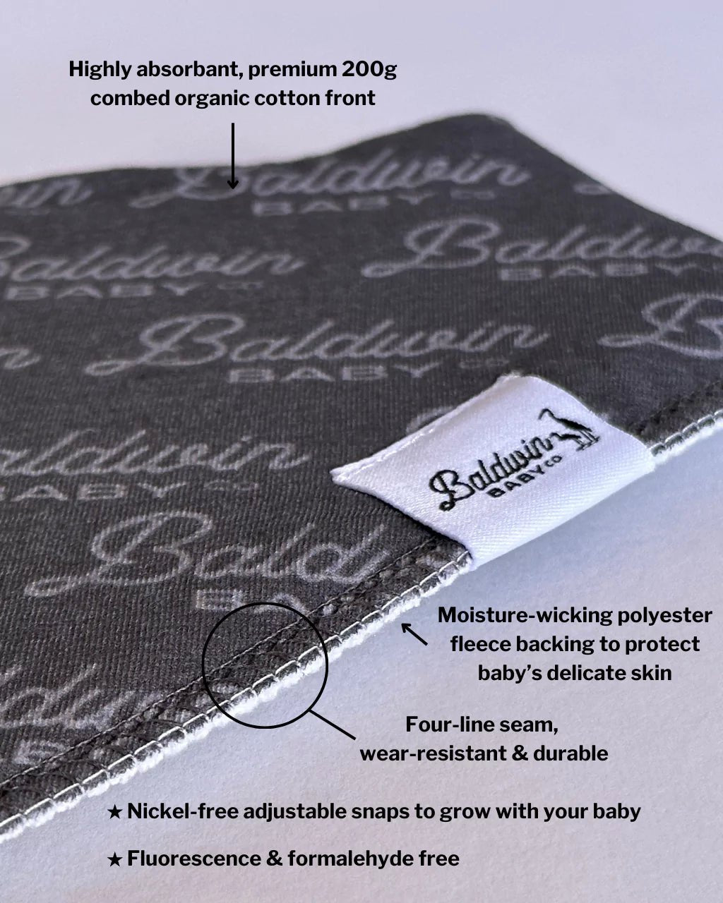 Close up of charcoal gray bib with Baldwin Baby Co logo printed on it in a lighter gray