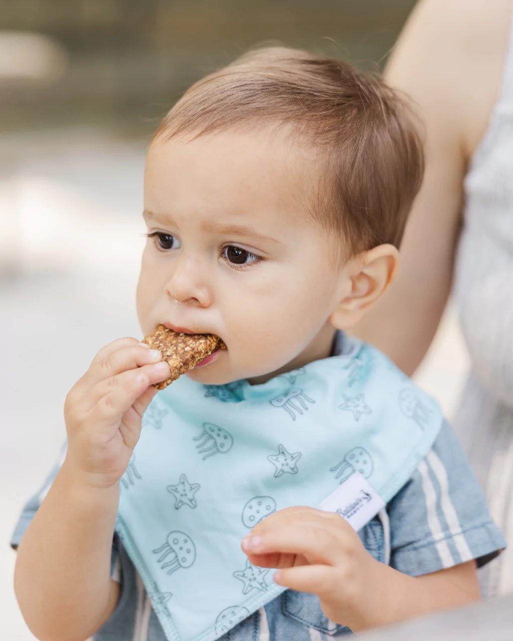 Toddler boy wearing a light blue with starfish and jellyfish pattern bandana bib by Baldwin Baby Co