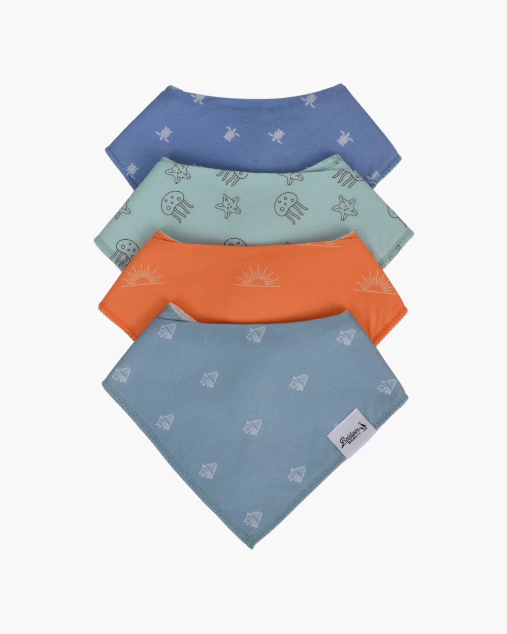 Set of four sea creature pattern bandana bibs on a white background