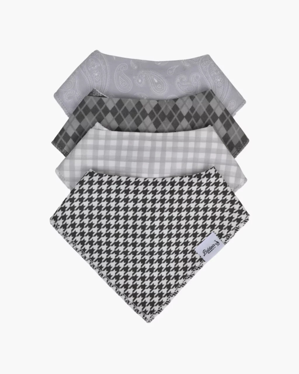 Set of four classic pattern style bandana bibs on a white background