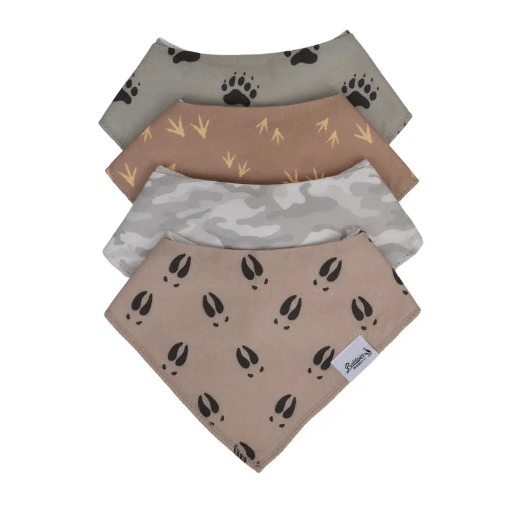 Set of four outdoorsman bandana bibs on a white background