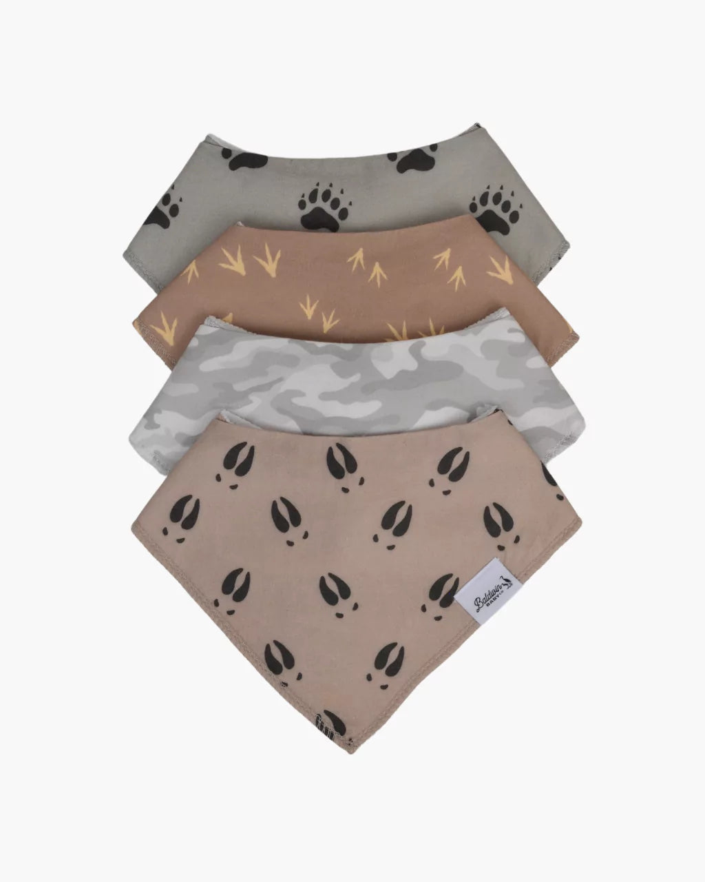 Set of four outdoorsman bandana bibs on a white background