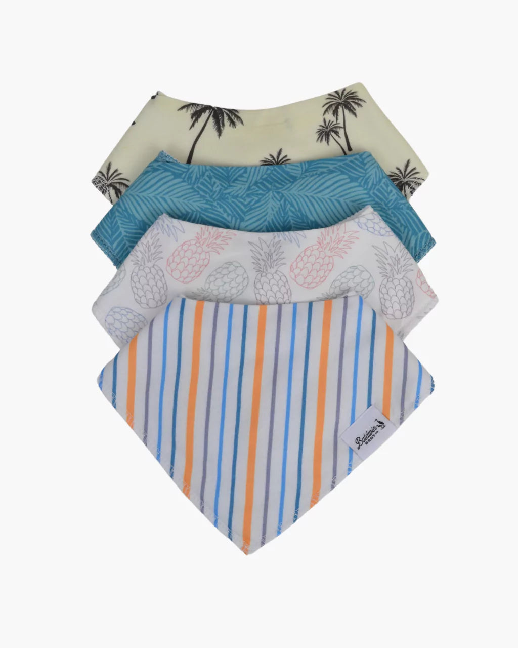 Set of four tropical style bandana bibs on a white background