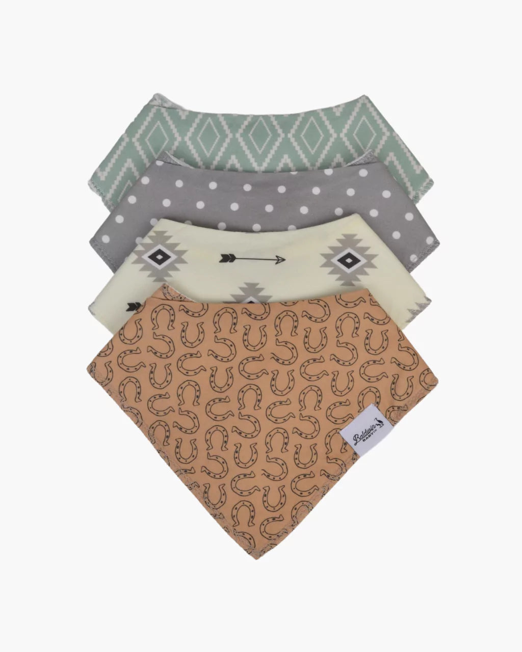 Set of four Western-style bandana bibs on a white background