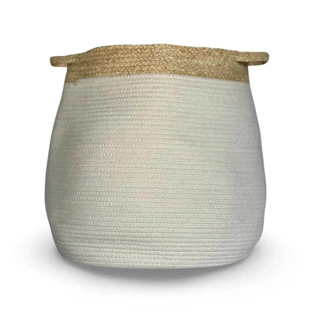 white bell shaped rope basket with corn husk details and handles