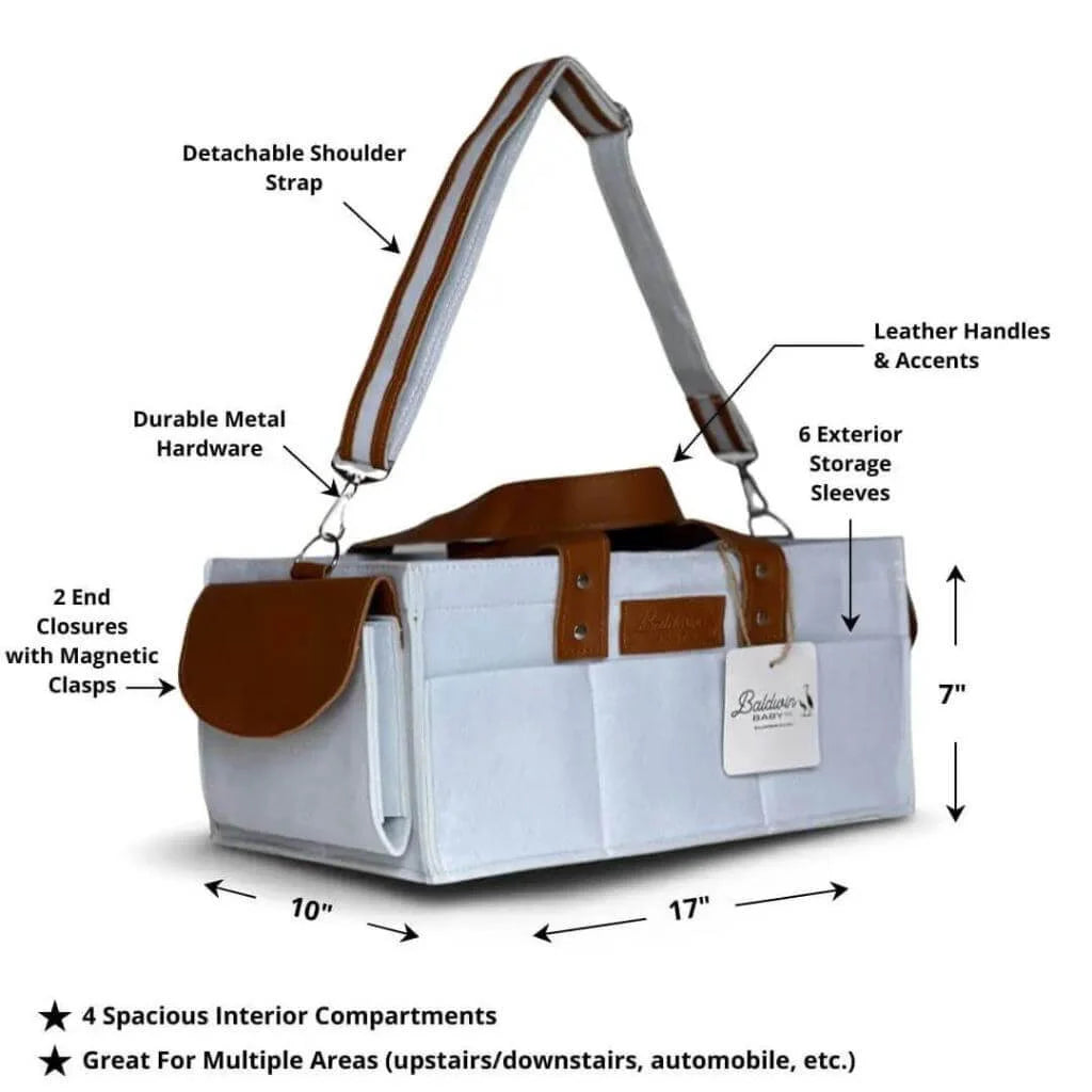 dimensions displayed of white with a hint of blue diaper caddy made of felt with leather accents and straps